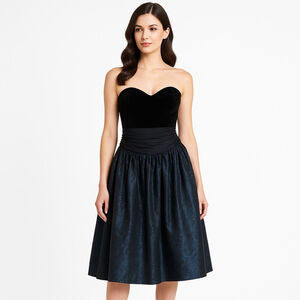 Vintage 80s Laura Ashley Black Blue Strapless Velvet & Taffeta Party Dress S/M